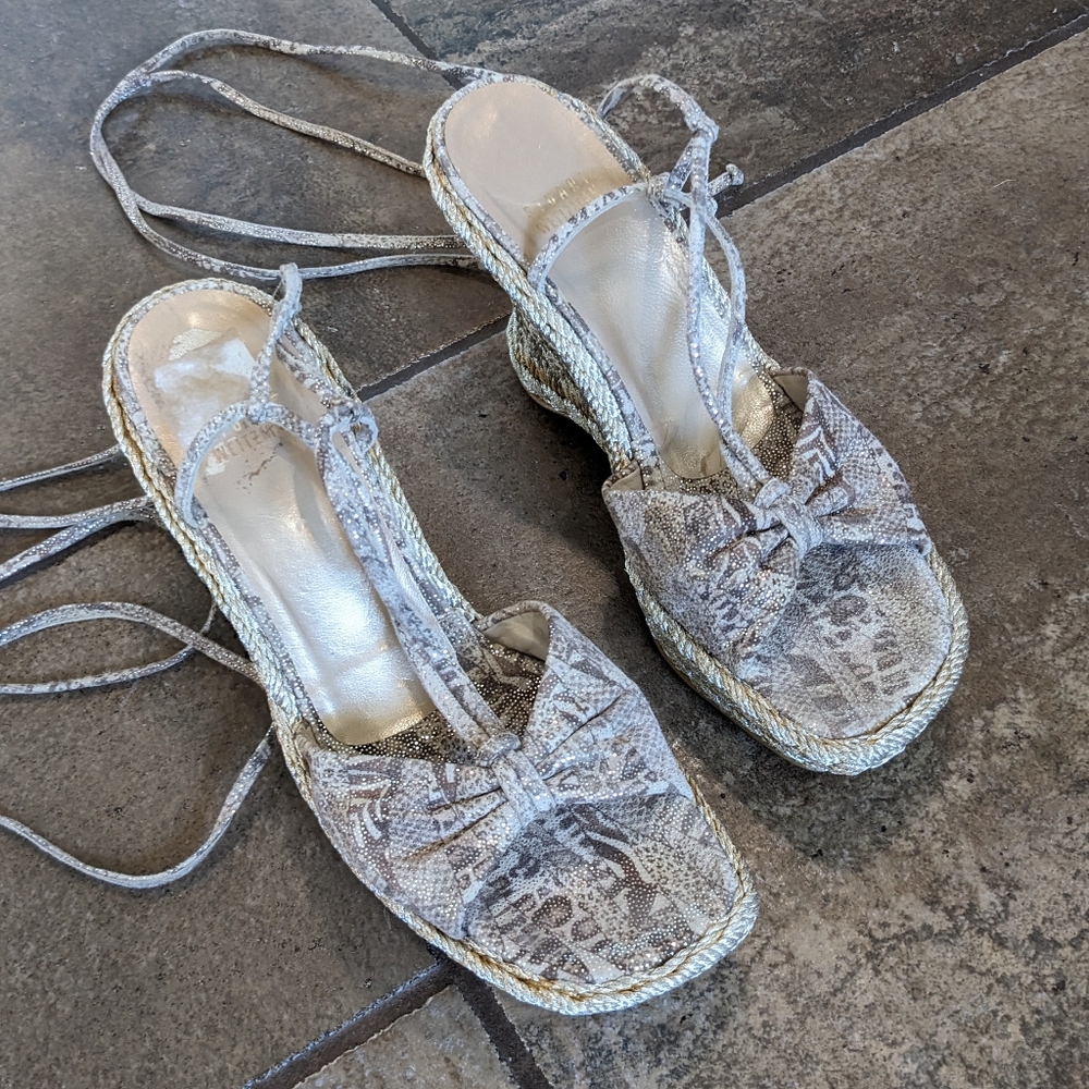 Stuart Weitzman Metallic Snake Skin Wedge Espadrille Tie Up Sandals